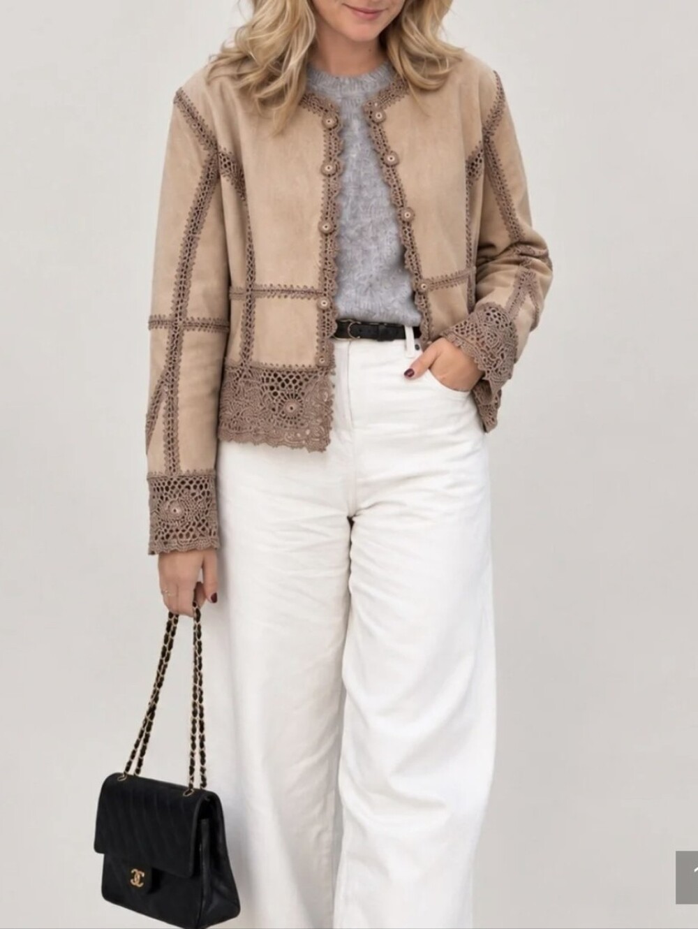 Suede Essentials Women's Crochet-Trim Suede Vintage Jacket - Tan Size Medium